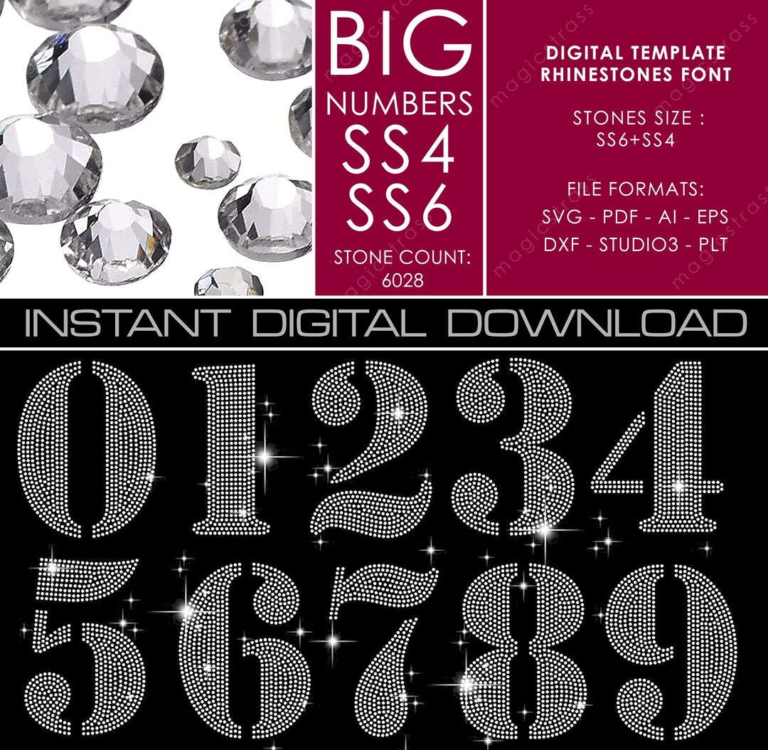 Large SS6 Rhinestone Numbers Iron on Transfer Template, Instant Digital ...