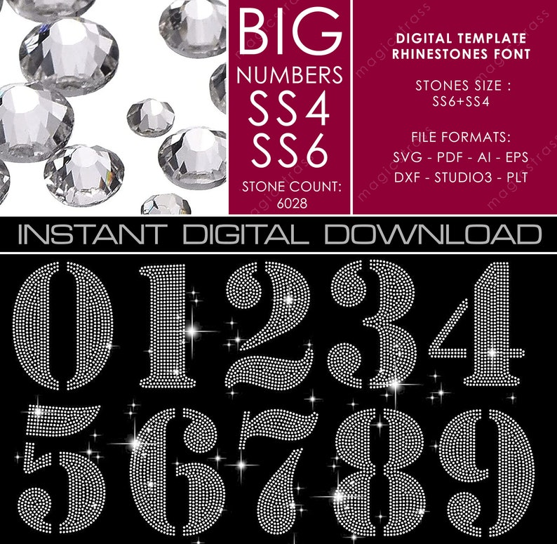 Large SS6 Strass Numbers Iron On Transfer Template, Instant Digital Download, svg, eps, dxf, Rhinestone Design for Cricut Silhouette Plotter
