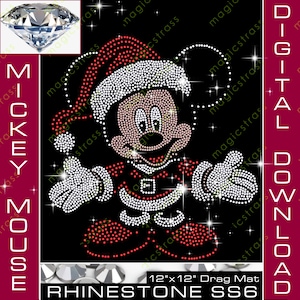 May include: A 12 inch by 12 inch rhinestone design of Mickey Mouse dressed as Santa Claus. The design is made with clear and red rhinestones on a black background. The design is labeled "RHINESTONE SS6" and "12"x12" Drag Mat".