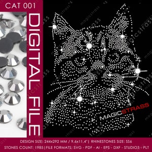 Può includere: Un file digitale per creare un design di strass di un viso di gatto. Il design è composto da strass bianchi su uno sfondo nero. Il design misura 9,6 pollici per 11,4 pollici e richiede 1985 strass. I formati di file inclusi sono SVG, PDF, AI, EPS, DXF, STUDIO3 e PLT.