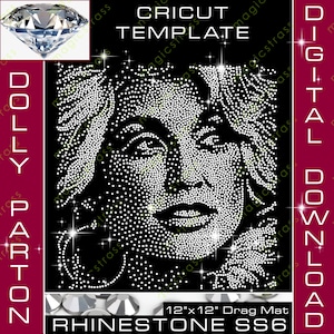 May include: A digital download template for a rhinestone design of Dolly Parton's face. The template is for a 12 inch by 12 inch drag mat and uses SS6 rhinestones.