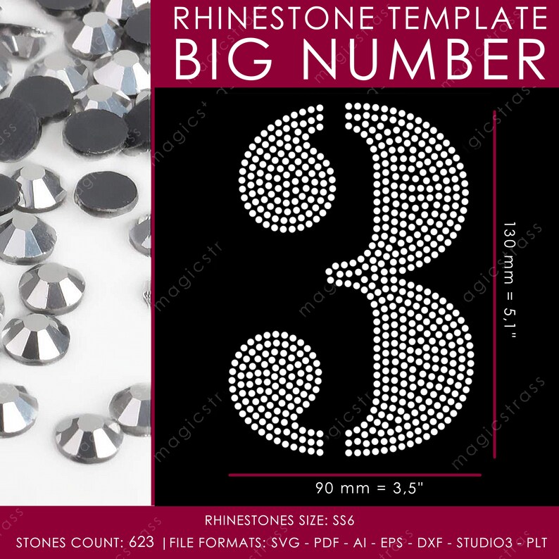 Large SS6 Strass Numbers Iron On Transfer Template, Instant Digital Download, svg, eps, dxf, Rhinestone Design for Cricut Silhouette Plotter