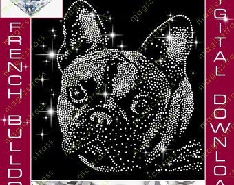 Archivo de transferencia de diamantes de imitación brillantes SS6 de Bulldog Francés, SVG, EPS, DXF, descarga digital instantánea, plantilla de diamantes de imitación para trazador de silueta Cricut