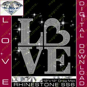 May include: Black background with the word "LOVE" spelled out in white rhinestones, with the heart replacing the "O". A diamond graphic is in the upper left corner. The text "12"x12" Drag Mat" and "RHINESTONE SS6" are at the bottom.