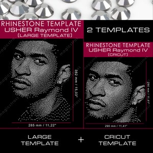 May include: Two rhinestone templates featuring Usher Raymond IV. The large template measures 11.22 inches wide and 15.03 inches tall. The Cricut template is 11.41 inches wide and 11.41 inches tall. The templates are for crafting.