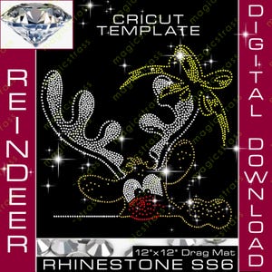 May include: Black digital design featuring a reindeer made of white rhinestones, with yellow accents and a red nose. The design includes the text "CRICUT TEMPLATE" and "REINDEER". The image also includes a diamond and the text "DIGITAL DOWNLOAD".