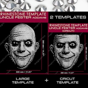 May include: Two rhinestone templates featuring Uncle Fester Addams. The large template measures 300 mm wide and 365 mm high. The Cricut template is 290 mm wide and 290 mm high. The templates are for crafting.