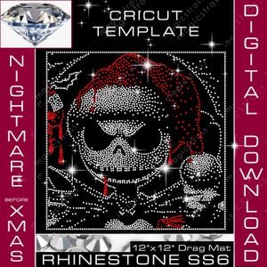 May include: Digital download featuring a rhinestone design of a skull with red and white accents, perfect for Cricut templates. The design is set against a black background with the text "NIGHTMARE BEFORE XMAS". Includes a 12"x12" drag mat.
