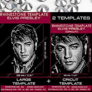 May include: Two rhinestone templates featuring Elvis Presley, one large and one Cricut template. The templates are black and white portraits, each measuring 300 mm wide. The image also shows loose rhinestones.