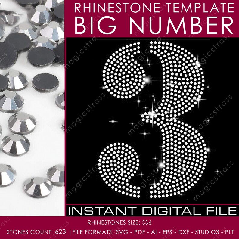 Large SS6 Strass Numbers Iron On Transfer Template, Instant Digital Download, svg, eps, dxf, Rhinestone Design for Cricut Silhouette Plotter