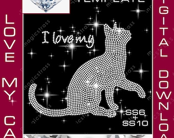 J'aime mon chat ss6 ss10 Strass Bling Portrait Téléchargement numérique instantané, svg, eps, dxf, modèle de strass de chat pour Cricut, silhouette, traceur