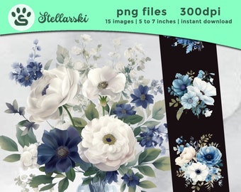 Blue Floral Clipart, Dusty Blue Watercolor Flower Bouquet, Blue Watercolor Floral Vase, Elegant Wedding Clipart, Delicate Watercolor Element