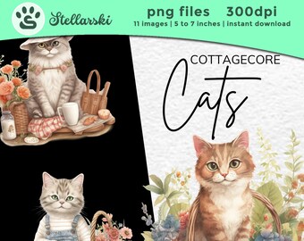 Könnte beinhalten: Digitale Kunst mit drei Aquarellillustrationen von Katzen im Cottagecore-Stil. Eine Katze trägt eine Latzhose, eine andere hat ein Picknick und die dritte sitzt in einem Blumenkorb. Der Text "COTTAGECORE Cats" ist ebenfalls vorhanden.