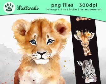 Watercolor Baby Safari Animals Clipart- Cute Baby Animals PNG - Jungle Animals Clipart - Cute Safari Animals - Safari Baby Shower Nursery