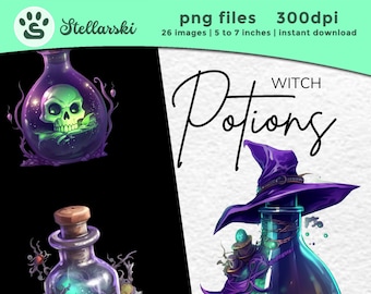 Witch Potion Bottles Clipart, Halloween Clipart, Digital crafting, Paper crafts, Instant download, Full Commercial use, Watercolor clipart