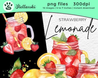 Watercolor Strawberry Lemonade Clipart | Pink Lemonade PNG Bundle | Drinks Clipart | Summer Clipart | Junk Journal | Digital Planner