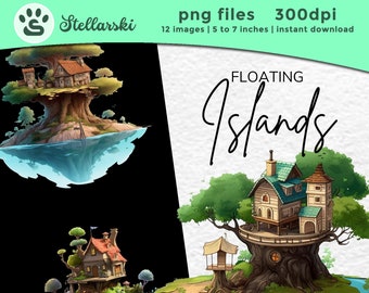 Tiny Islands Clipart - Tropical Island clipart - Floating Island png, flying Island clip art, Wall Art, Commercial Use - Digital Download
