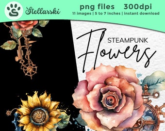 11 PNG Watercolor Steampunk Flowers Clipart, Steampunk Design, Fantasy Steampunk Rose, Instant Download, Steampunk decor, Victorian Floral