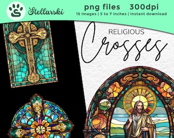 Cross Clipart - 15 High Quality PNGs - Stained Glass clipart - Religious Cross PNG - Digital Planner, Commercial Use - Digital Download