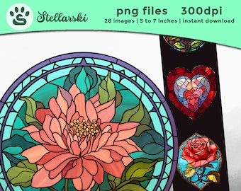 Glasmalerei Aquarell Clipart. Fantasy and Mystical Clipart Bundle mit transparentem Hintergrund | Aquarell Fenster PNG Bundle Collection