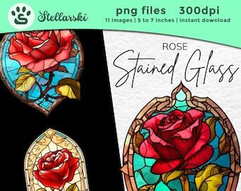 Rose Stained Glass Clipart, Stained Glass PNG, Sublimation, Commercial Use, Beautiful Window Art, Watercolor Mandala, Rose Clipart, Rose PNG