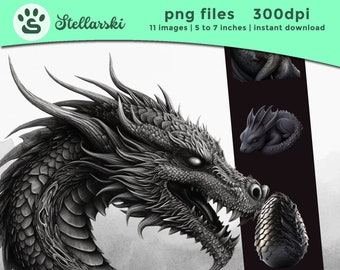 11 Fantasy Black Dragon Clipart, PNG, Full Commercial Use, Gothic Baby Dragon Design, Fantasy Clipart, Watercolor Dragon Clipart
