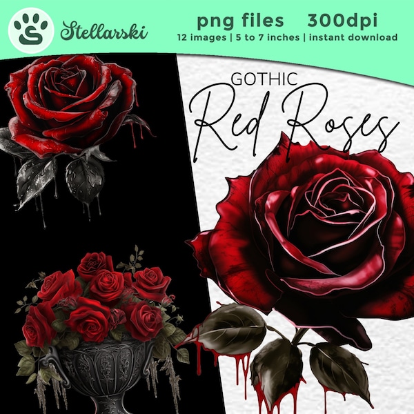 12 Gothic Red Rose Clipart Pack | PNG | Fantasy Clipart | Floral Designs | Instant Download, Printable with Full Commercial Use