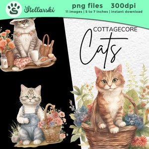 Watercolor Cottagecore Cats Clipart Bundle, Fantasy Clip Art, Cats Clip Art, Mystical Clipart, Cottagecore Cats Png, Commercial Use, Cat PNG