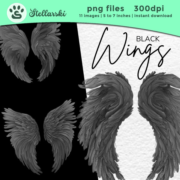 11 Black Angel Wings Watercolor Clipart PNGs, High Quality, Digital Download, Card Making, Clip Art, Digital Invitation, Black Angel wings