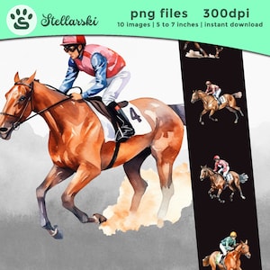 10 Aquarell Pferderennen Bilder ClipArt | Pferderennen Clipart Bundle | Aquarell Pferd Sublimation Designs | Pferdesport Illustrationen