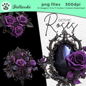 13 paquete de imágenes prediseñadas de rosa púrpura gótica / PNG / imágenes prediseñadas de fantasía / diseños florales / descarga instantánea, imprimible con uso comercial completo