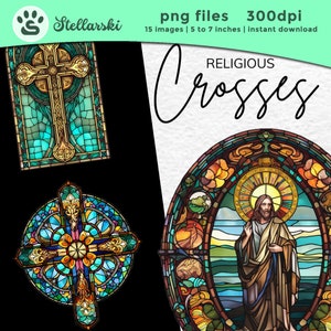Croce Clipart - 15 PNG di alta qualità - Clipart di vetro colorato - Croce religiosa PNG - Pianificatore digitale, Uso commerciale - Download digitale