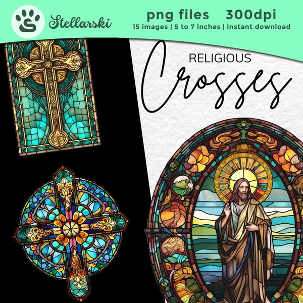 Cross Clipart - 15 High Quality PNGs - Stained Glass clipart - Religious Cross PNG - Digital Planner, Commercial Use - Digital Download