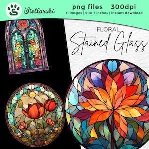 Stained Glass Clipart, Stained Glass PNG, Sublimation, Commercial Use, Beautiful Window Art, Watercolor Mandala, Nature Ephemera, png bundle