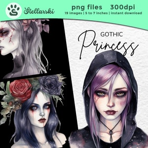 19 Dark Gothic Princess Clipart, PNG, Full Commercial Use, Watercolor PNG, Vintage Gothic Clip art, Fairytale Clipart with Instant Download