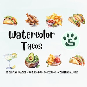 13 Mexicaans eten ClipArt, Mexicaanse taco's PNG, Mexicaans eten afbeeldingen, aquarel Mexicaanse gerechten illustraties, taco's, Quesadilla's, Guacamole