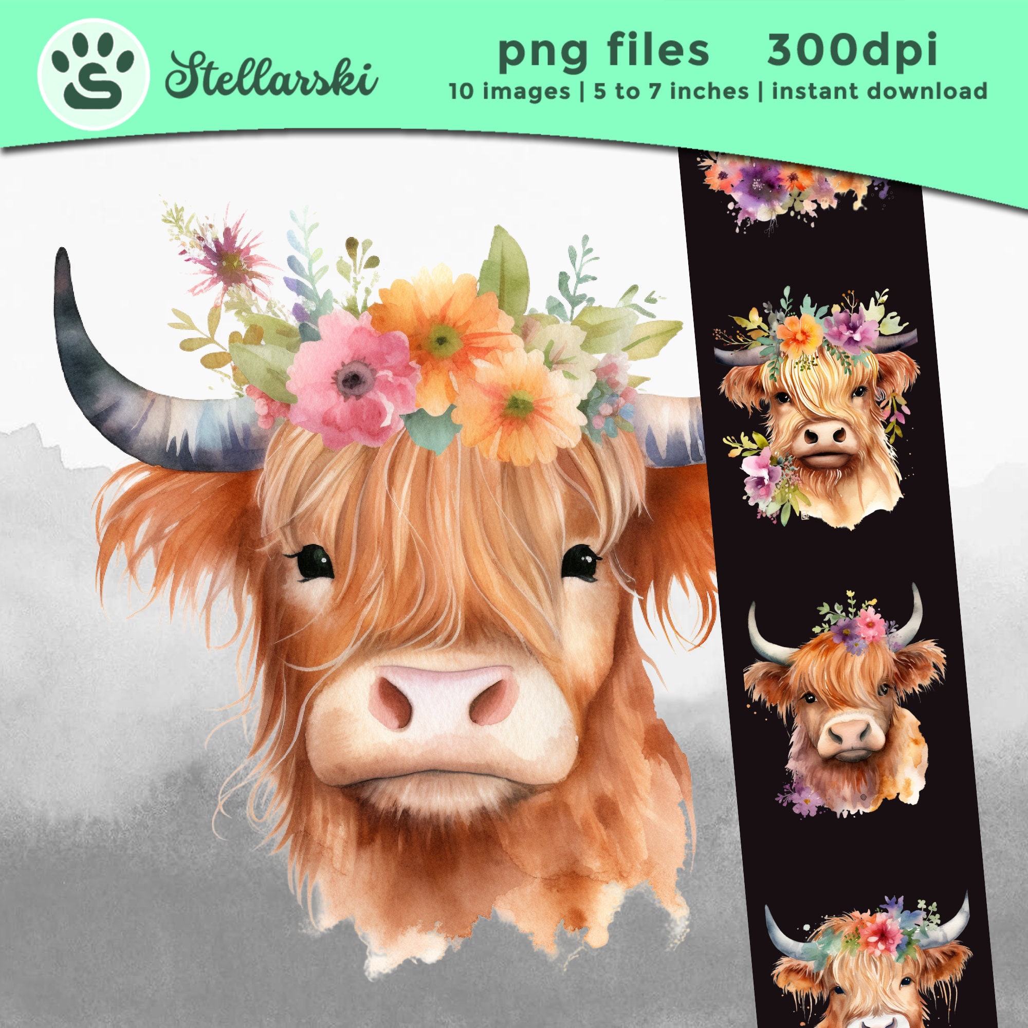 Highland Cow With Flowers PNG Watercolor Highland Cow Clipart Nursery ...