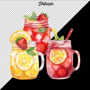 May include: Three mason jars filled with refreshing summer drinks. The jars are filled with lemonade, strawberry lemonade, and iced tea. The drinks are garnished with fresh fruit and mint.