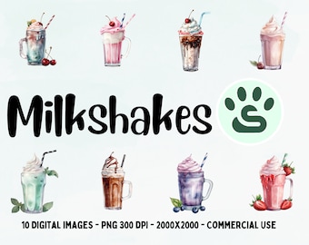 Milkshake Clipart | Watercolor Ice Cream Images | Summer Drinks | Dessert PNG | Strawberry Milkshakes | Commercial Use | Clip Art Bundle