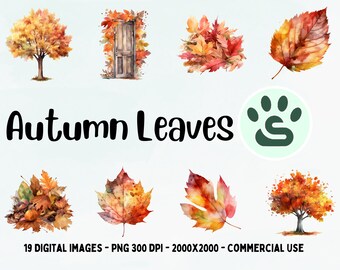Watercolor Autumn Leaves PNG - Fall Clipart - Autumn Decor - Thanksgiving Clipart, - Fall Decor Print - Autumn Art Bundle - Halloween