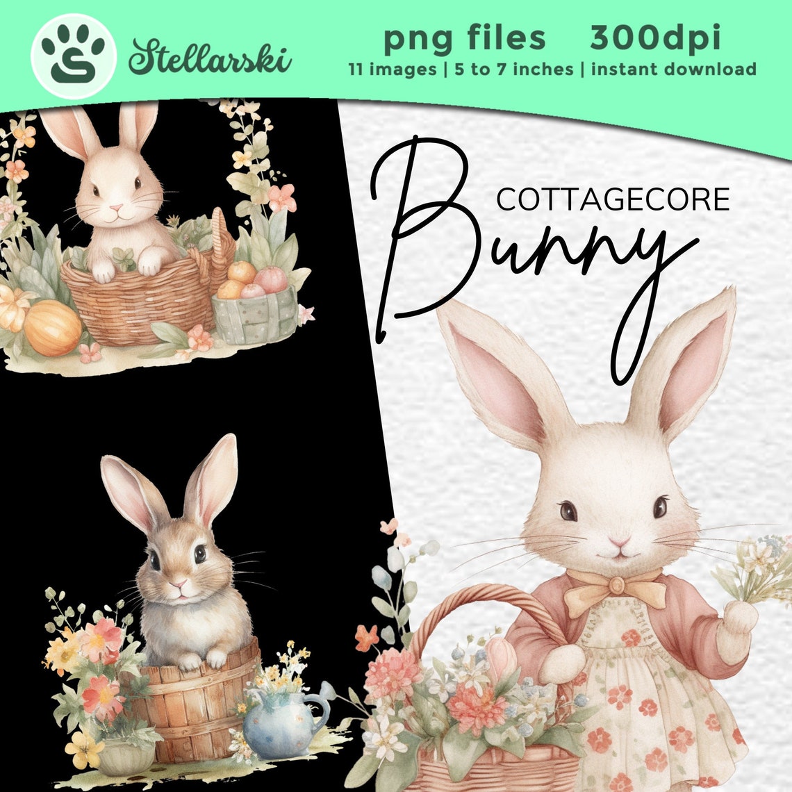 Cottage Core Rabbit 12 Watercolor Cottagecore Bunny Clipart Bundle, Fantasy Clip Art ...