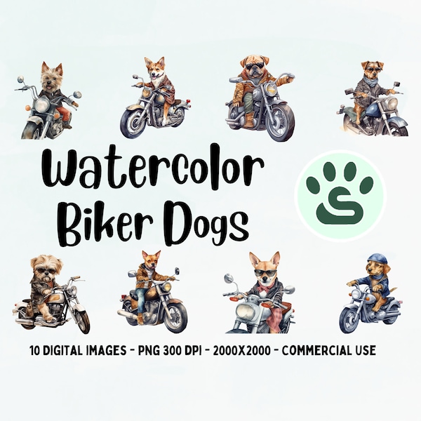 Biker Dogs Clipart | Motorcycle Dog PNG | Watercolor Dogs on Bikes Clipart | Funny Dog Portrait | Cute Puppy Images | Nursery Wall Art