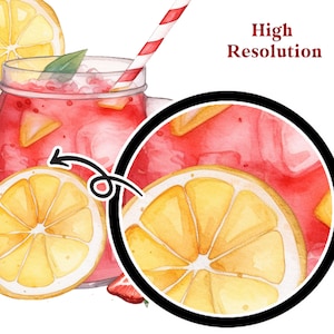 May include: A mason jar filled with a pink beverage with lemon slices and a red and white striped straw. The jar is surrounded by lemon slices. The image is labeled "High Resolution".