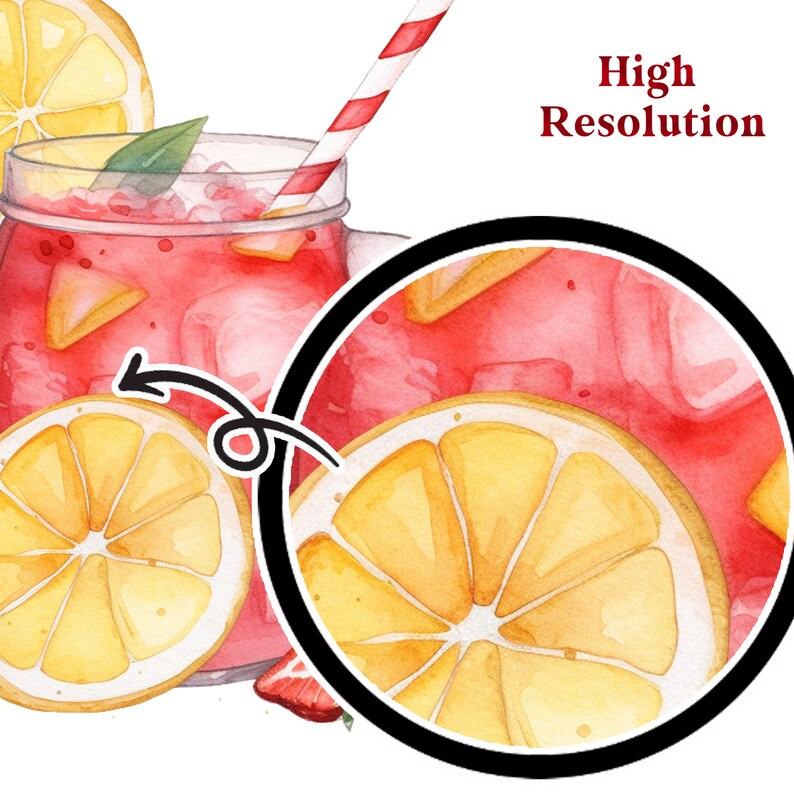 May include: A mason jar filled with a pink beverage with lemon slices and a red and white striped straw. The jar is surrounded by lemon slices. The image is labeled "High Resolution".