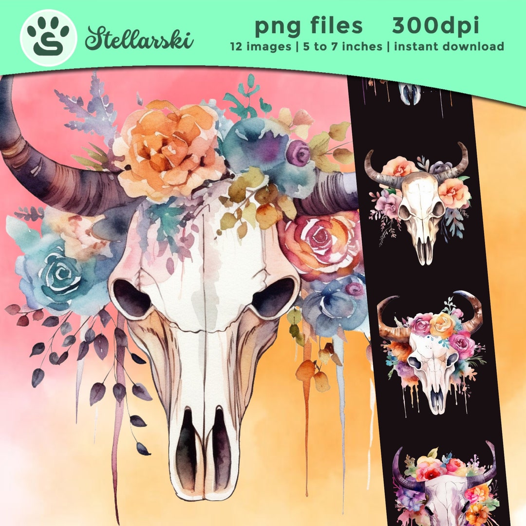 Floral Watercolor Boho Cow Skulls Clipart, Cow Skull PNG, Cow Skull ...