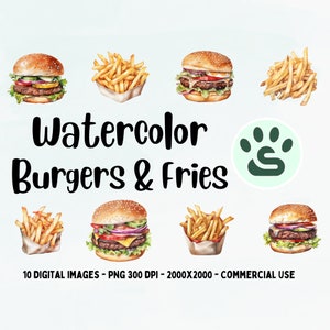 Burgers Clipart, Fries PNG, Fast Food illustration, Watercolor Hamburgers and French Fries, Fast Food Clipart, Fast Food Bundle, Junk Food
