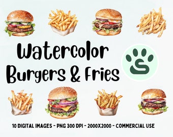 Burgers Clipart, Fries PNG, Fast Food illustration, Watercolor Hamburgers and French Fries, Fast Food Clipart, Fast Food Bundle, Junk Food