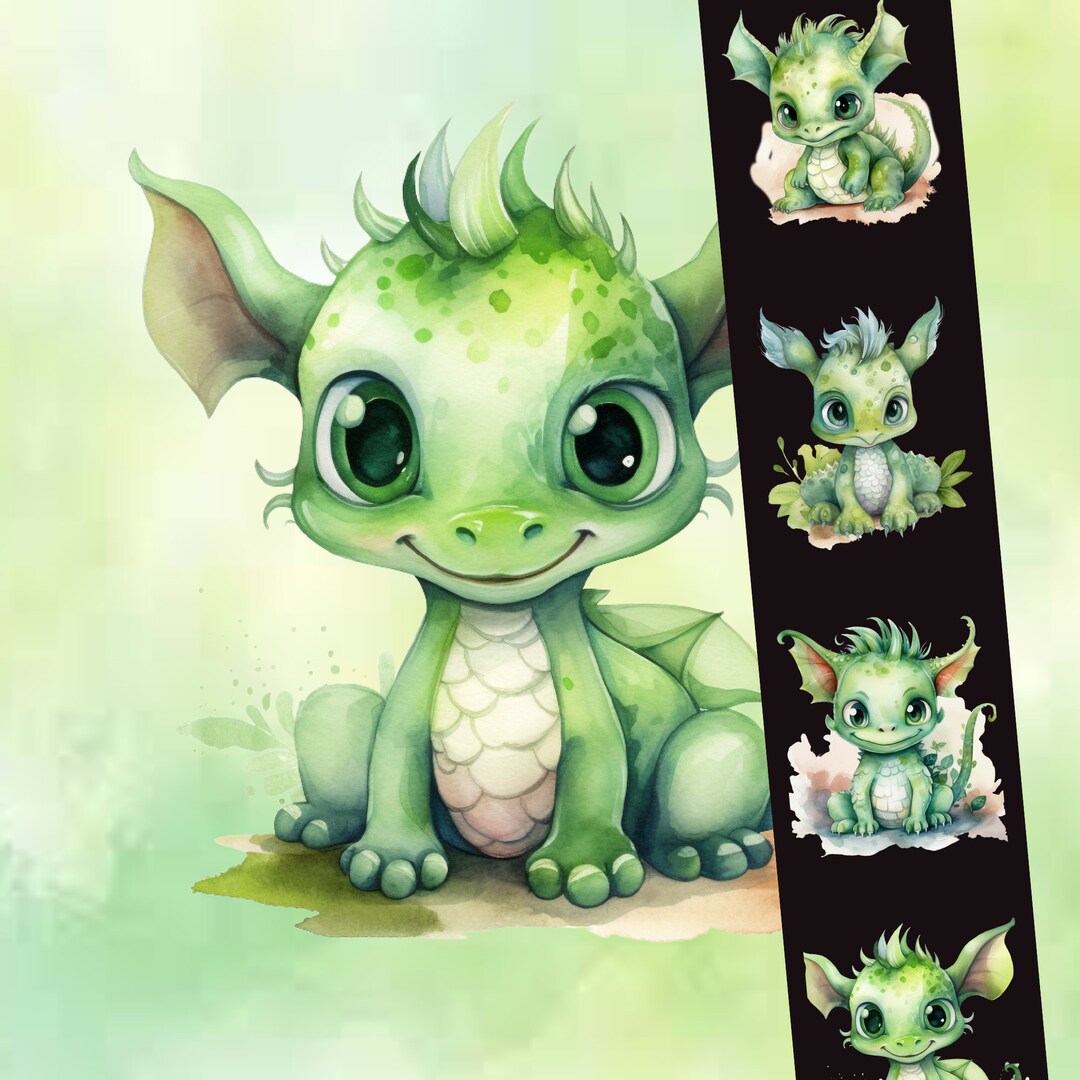 Watercolor Green Baby Dragons Cute Clipart Dragon Art Etsy