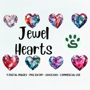 11 hjärtformade diamanter Clipart, Charm Hearts PNG, smyckesclipart, clipartpaket, transparent bakgrund, digital nedladdning, ädelstenshjärta