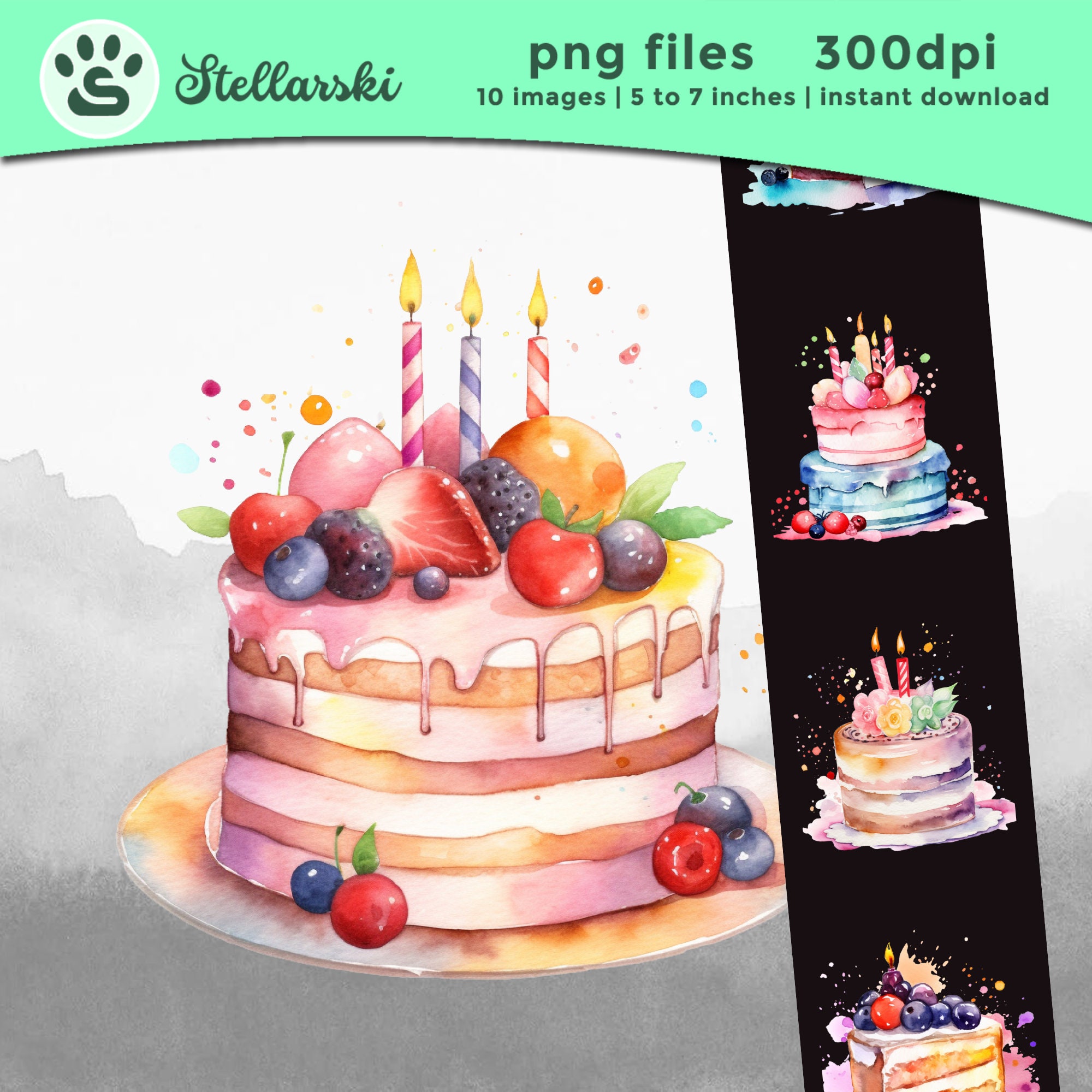 Watercolor Birthday Cake Clipart, Party Sweets PNG Collection, Nursery ...